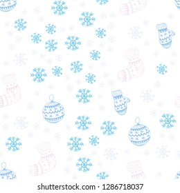 Light Pink, Blue vector seamless texture with colored snowflakes, balls, socks, mittens. Colorful illustration with xmas symbols. Pattern for design of fabric, wallpapers.