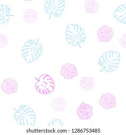 Light Pink, Blue vector seamless natural artwork with flowers, leaves. Glitter abstract illustration with leaves and flowers. Texture for window blinds, curtains.