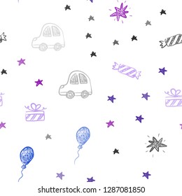 Light Pink, Blue vector seamless backdrop in holiday style. Colorful illustration with a toy car, baloon, candy, star, ball. Design for holiday adverts.