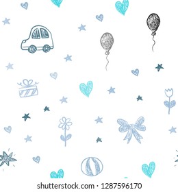 Light Pink, Blue vector seamless texture with birthday gifts. Shining illustration with a toy car, heart, baloon, tulip, candy, ball. Design for colorful commercials.