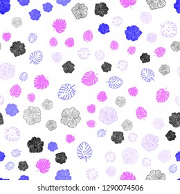 Light Pink, Blue vector seamless doodle background with leaves, flowers. Brand new colored illustration with leaves and flowers. Template for business cards, websites.