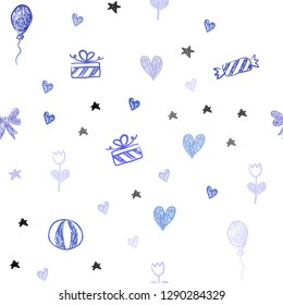 Light Pink, Blue vector seamless pattern in christmas style. Shining illustration with aheart, baloon, candy, gift, star, ribbon. Design for holiday adverts.