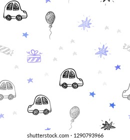 Light Pink, Blue vector seamless layout in new year style. Illustration with a colorful toy car, baloon, candy, star, ball. Design for holiday adverts.