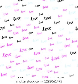 Light Pink, Blue vector seamless pattern with phrase LOVE YOU. Decorative illustration with words of love in abstract style. Design for textile, fabric, wallpapers.