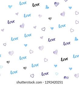 Light Pink, Blue vector seamless texture with words LOVE YOU, hearts. Colorful gradient phrase LOVE YOU, hearts in abstract style. Design for textile, fabric, wallpapers.