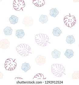 Light Pink, Blue vector seamless doodle pattern with flowers, leaves. Leaves, flowers in natural style on white background. Pattern for trendy fabric, wallpapers.