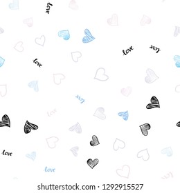 Light Pink, Blue vector seamless pattern with phrase LOVE YOU, hearts. Illustration with words of love, hearts in abstract style. Pattern for trendy fabric, wallpapers.