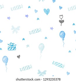 Light Pink, Blue vector seamless background in xmas style. Illustration with a colorfulheart, baloon, candy, gift, star, ribbon. Pattern for new year ads.