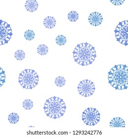 Light Pink, Blue vector seamless background with xmas snowflakes. Decorative shining illustration with snow on abstract template. Pattern for trendy fabric, wallpapers.