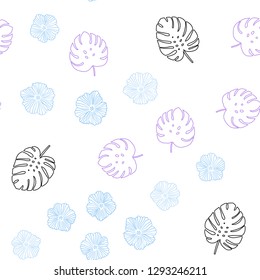 Light Pink, Blue vector seamless natural pattern with flowers, leaves. Colorful illustration in doodle style with leaves, flowers. Texture for window blinds, curtains.