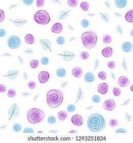 Light Pink, Blue vector seamless doodle pattern with leaves and flowers. Leaves and flowers with gradient on white background. Pattern for design of fabric, wallpapers.