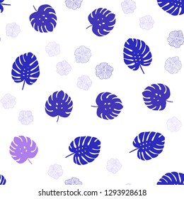 Light Pink, Blue vector seamless abstract background with flowers, leaves. Leaves, flowers in natural style on white background. Pattern for design of fabric, wallpapers.