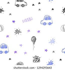 Light Pink, Blue vector seamless pattern in christmas style. Illustration with a colorful toy car, baloon, candy, star, ball. Pattern for carnival, festival ads.
