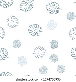 Light Pink, Blue vector seamless natural artwork with flowers, leaves. Abstract illustration with leaves, flowers in doodles style. Template for business cards, websites.