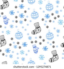 Light Pink, Blue vector seamless texture with colored snowflakes, balls, socks, mittens. Shining colorful illustration in christmas style. Pattern for design of fabric, wallpapers.