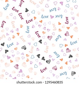 Light Pink, Blue vector seamless cover with quote LOVE YOU, hearts. Romantic illustration with colorful phrase LOVE YOU, hearts. Pattern for design of fabric, wallpapers.