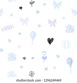 Light Pink, Blue vector seamless pattern in christmas style. Illustration with a colorfulheart, baloon, candy, gift, star, ribbon. Design for colorful commercials.
