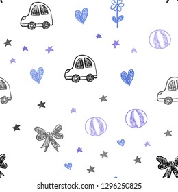 Light Pink, Blue vector seamless template with carnival elements. Colorful illustration with a toy car, heart, baloon, tulip, candy, ball. Pattern for new year ads.