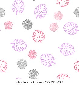 Light Pink, Blue vector seamless doodle pattern with flowers, leaves. Decorative design in Indian style on white background. Texture for window blinds, curtains.