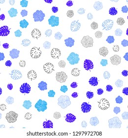 Light Pink, Blue vector seamless natural pattern with leaves, flowers. Sketchy doodles on white background. Design for textile, fabric, wallpapers.