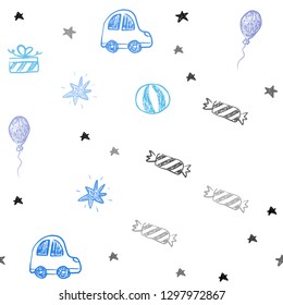 Light Pink, Blue vector seamless background in xmas style. Shining illustration with a toy car, baloon, candy, star, ball. Pattern for birthday gifts.