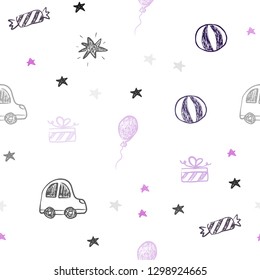 Light Pink, Blue vector seamless texture in birthday style. Shining illustration with a toy car, baloon, candy, star, ball. Design for colorful commercials.
