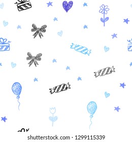 Light Pink, Blue vector seamless pattern in christmas style. Design in xmas style with aheart, baloon, candy, gift, star, ribbon. Pattern for carnival, festival ads.