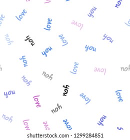 Light Pink, Blue vector seamless template with text LOVE YOU. Decorative design in doodle style with text LOVE YOU. Pattern for design of fabric, wallpapers.
