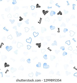 Light Pink, Blue vector seamless pattern with phrase LOVE YOU, hearts. Illustration with words of love, hearts in abstract style. Design for wallpaper, fabric makers.