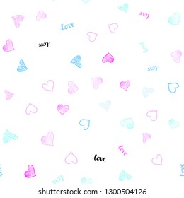 Light Pink, Blue vector seamless texture with words LOVE YOU, hearts. Colorful illustration with quote LOVE YOU, hearts. Pattern for trendy fabric, wallpapers.