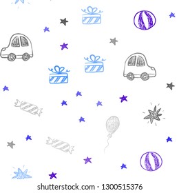 Light Pink, Blue vector seamless backdrop in holiday style. Colorful illustration with a toy car, baloon, candy, star, ball. Design for colorful commercials.