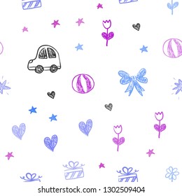 Light Pink, Blue vector seamless texture with birthday gifts. Shining illustration with a toy car, heart, baloon, tulip, candy, ball. Pattern for carnival, festival ads.