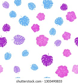 Light Pink, Blue vector seamless doodle pattern with flowers, leaves. An elegant bright illustration with leaves and flowers. Pattern for trendy fabric, wallpapers.