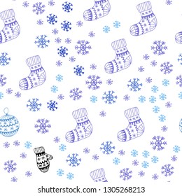 Light Pink, Blue vector seamless cover with beautiful snowflakes, balls, socks, mittens. Colorful illustration with xmas symbols. Design for wallpaper, fabric makers.