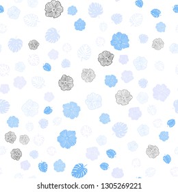 Light Pink, Blue vector seamless natural pattern with leaves, flowers. Abstract illustration with leaves, flowers in doodles style. Design for textile, fabric, wallpapers.