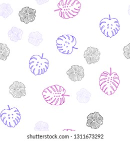 Light Pink, Blue vector seamless doodle pattern with flowers, leaves. An elegant bright illustration with leaves and flowers. Pattern for design of fabric, wallpapers.