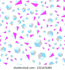 Light Pink, Blue vector seamless, isometric cover with triangles, rectangles. Illustration with set of colorful triangles, squares. Pattern for design of fabric, wallpapers.