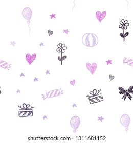 Light Pink, Blue vector seamless background in xmas style. Colorful illustration with aheart, baloon, candy, gift, star, ribbon. Pattern for birthday gifts.