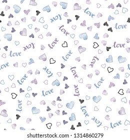 Light Pink, Blue vector seamless texture with words LOVE YOU, hearts. Colorful gradient phrase LOVE YOU, hearts in abstract style. Pattern for design of fabric, wallpapers.