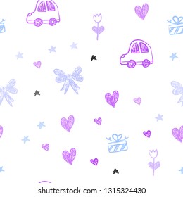 Light Pink, Blue vector seamless layout with new year gifts. Shining illustration with a toy car, heart, baloon, tulip, candy, ball. Design for holiday adverts.