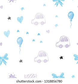 Light Pink, Blue vector seamless background with xmas attributes. Illustration with a colorful toy car, heart, baloon, tulip, candy, ball. Pattern for new year ads.