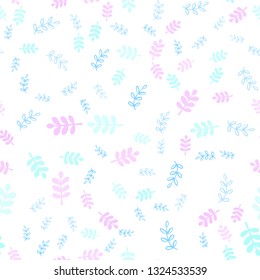 Light Pink, Blue vector seamless elegant wallpaper with leaves, branches. Abstract illustration with leaves, branches in doodles style. Pattern for design of fabric, wallpapers.