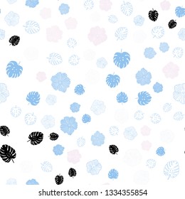 Light Pink, Blue vector seamless doodle layout with leaves, flowers. An elegant bright illustration with leaves and flowers. Pattern for trendy fabric, wallpapers.