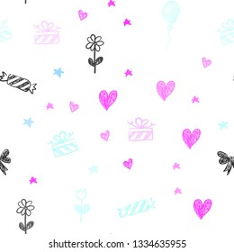 Light Pink, Blue vector seamless pattern in christmas style. Illustration with a colorfulheart, baloon, candy, gift, star, ribbon. Pattern for birthday gifts.