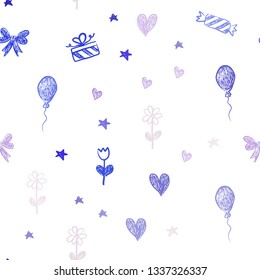 Light Pink, Blue vector seamless texture in birthday style. Illustration with a gradientheart, baloon, candy, gift, star, ribbon. Design for colorful commercials.