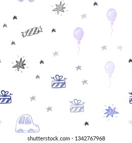 Light Pink, Blue vector seamless template in carnival style. Abstract illustration with a toy car, baloon, candy, star, ball. Design for holiday adverts.