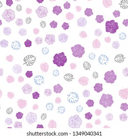 Light Pink, Blue vector seamless doodle background with leaves, flowers. Abstract illustration with leaves, flowers in doodles style. Design for wallpaper, fabric makers.