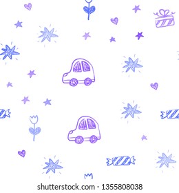 Light Pink, Blue vector seamless backdrop with holiday gifts. Shining illustration with a toy car, heart, baloon, tulip, candy, ball. Template for new year postcards.