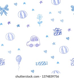 Light Pink, Blue vector seamless background with xmas attributes. Abstract illustration with a toy car, heart, baloon, tulip, candy, ball. Pattern for new year ads.
