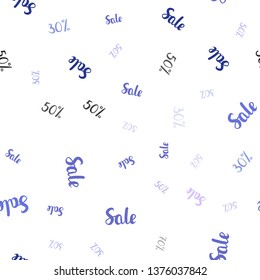 Light Pink, Blue vector seamless pattern with 30, 50, 70 percentage signs. Shining colorful illustration with isolated selling prices. Design for business ads, commercials.